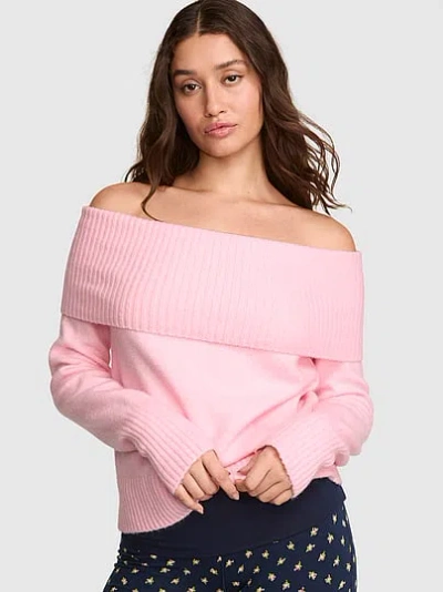 Pink Comfy Girl Off-the-shoulder Foldover Sweater In