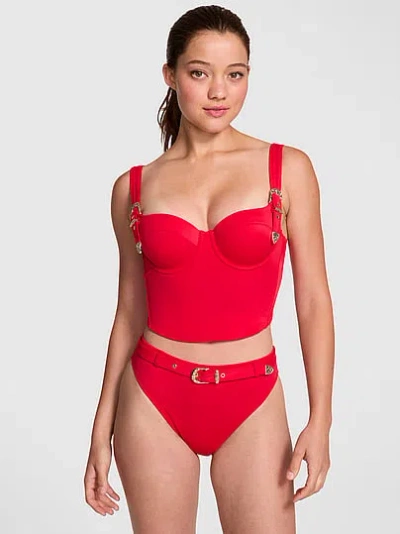 Pink Corset Buckle Bikini Top In Red