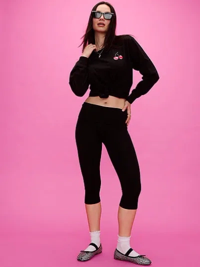Pink Cotton Foldover Capri Leggings In Black