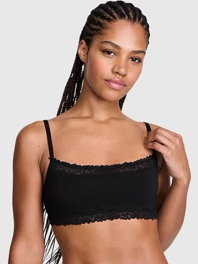 Pink Cotton Lace-trim Scoop Bralette In Black