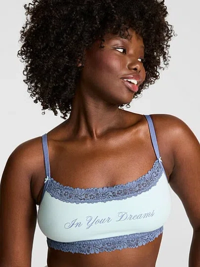 Pink Cotton Lace-trim Scoop Bralette In Blue