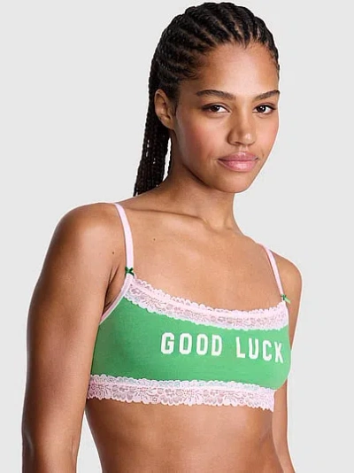 Pink Cotton Lace-trim Scoop Bralette In Green
