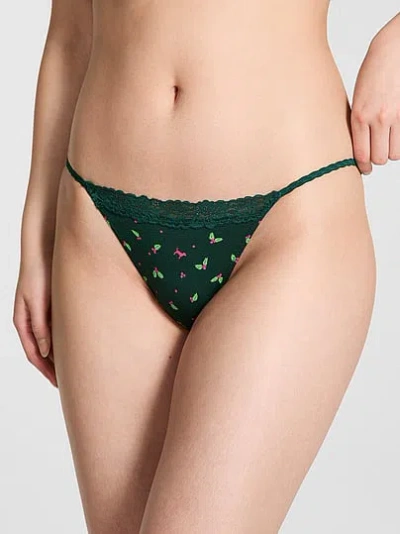 Pink Cotton Lace-trim String Bikini Panty In Green