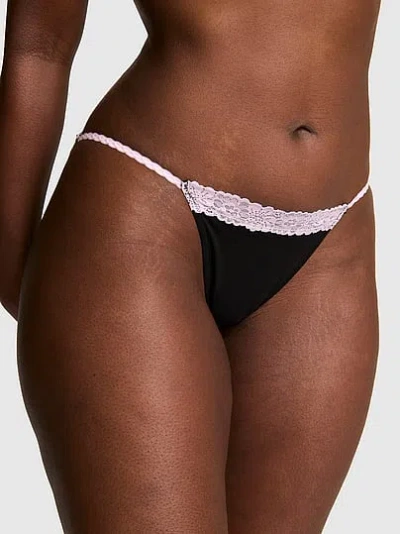 Pink Cotton Lace-trim String Bikini Panty In Black