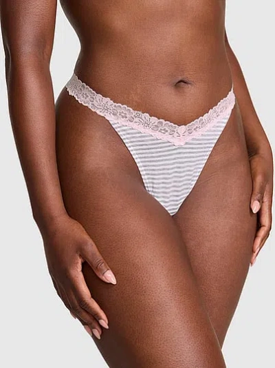 Pink Cotton Lace-trim Thong Panty In