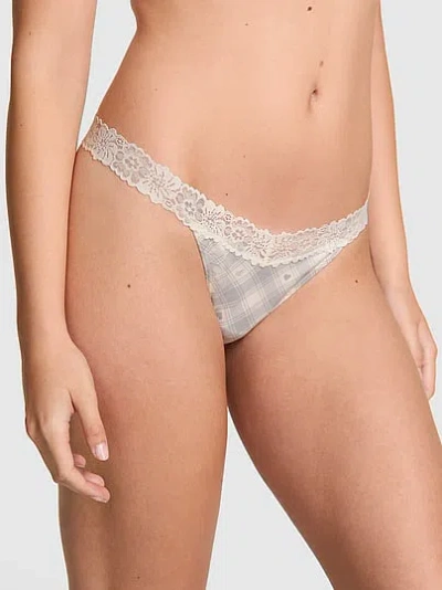 Pink Cotton Lace-trim Thong Panty In Gray