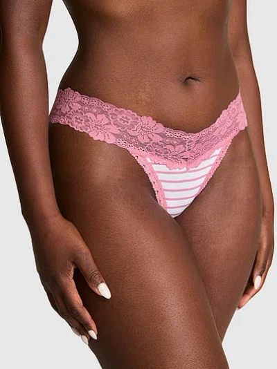 Pink Cotton Lace Trim Thong Panty In Multi