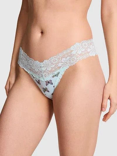 Pink Cotton Lace Trim Thong Panty In Blue