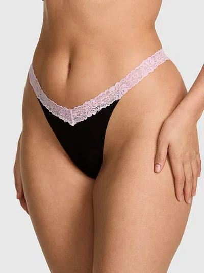 Pink Cotton Lace-trim Thong Panty In