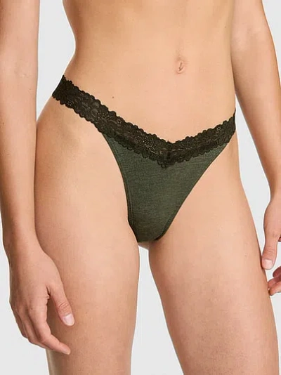 Pink Cotton Lace-trim Thong Panty In Green