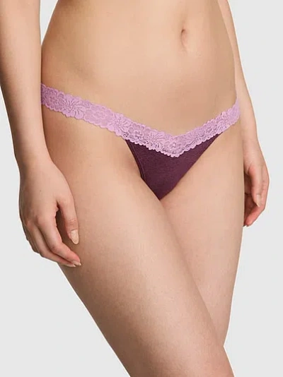 Pink Cotton Lace-trim Thong Panty In Purple