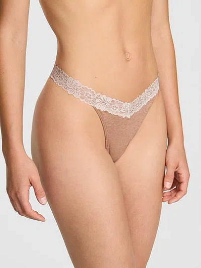 Pink Cotton Lace-trim Thong Panty In Brown