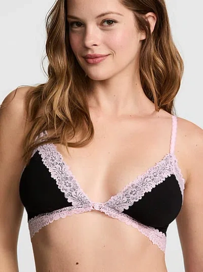 Pink Cotton Lace-trim Front-close Triangle Bralette In Black