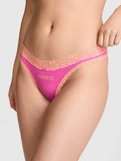 Pink Cotton Lace-trim High-leg Thong Panty In