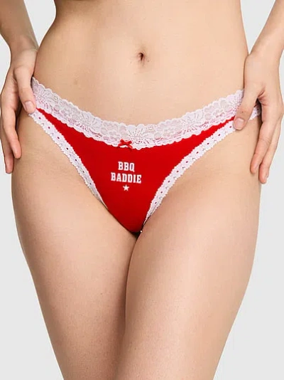 Pink Cotton Lace-trim High-leg Thong Panty In Red