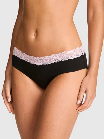 Pink Cotton Lace-trim Hiphugger Panty In Black