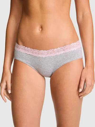 Pink Cotton Lace-trim Hiphugger Panty In Gray