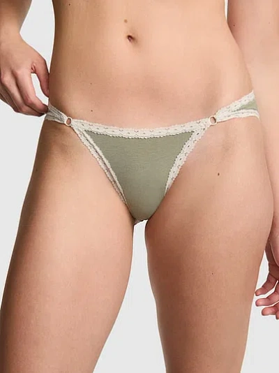 Pink Cotton Lace-trim Low-rise Cheeky Panty In Green