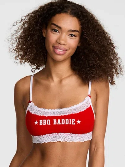Pink Cotton Lace-trim Scoop Bralette In Red