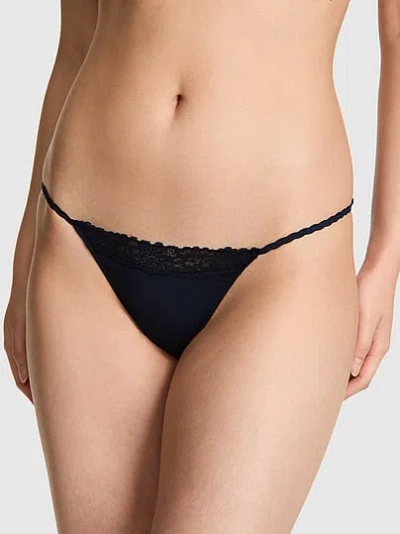 Pink Cotton Lace-trim String Bikini Panty In Black
