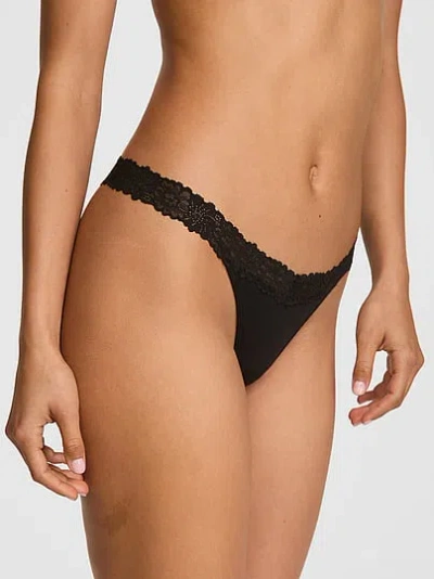 Pink Cotton Lace-trim Thong Panty In Black