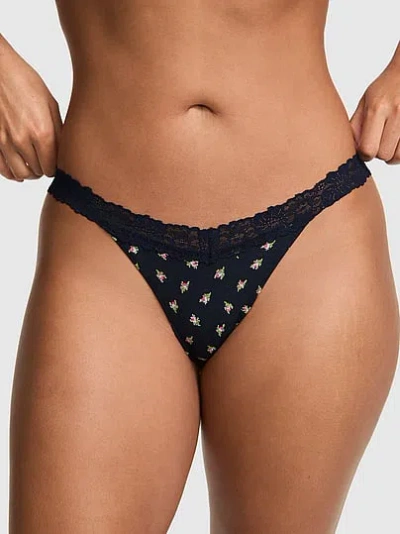 Pink Cotton Lace-trim Thong Panty In Black