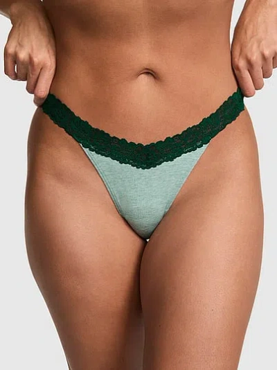 Pink Cotton Lace-trim Thong Panty In Green
