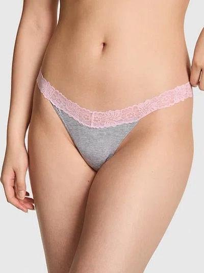 Pink Cotton Lace-trim Thong Panty In Green
