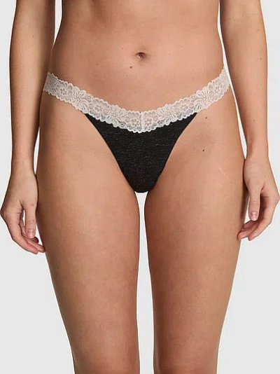 Pink Cotton Lace-trim Thong Panty In Grey