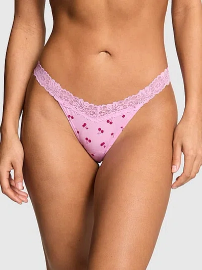 Pink Cotton Lace-trim Thong Panty In
