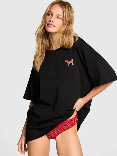 Pink Cotton Side-slit Tee & Panty Set In Black