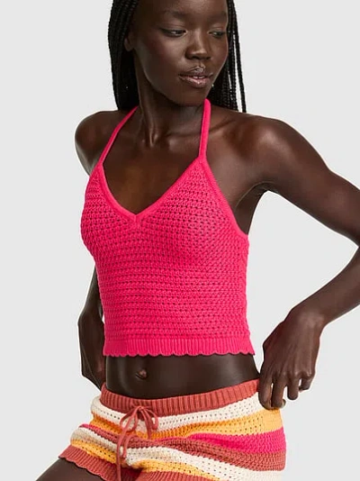 Pink Crochet Halter Tank Top In Multi