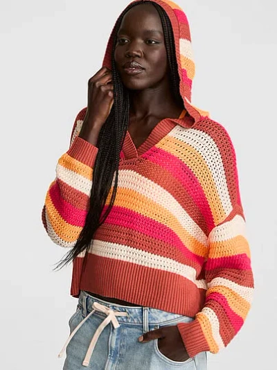 Pink Crochet V-neck Hoodie In Multi