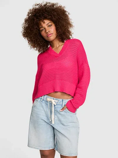 Pink Crochet V-neck Hoodie In