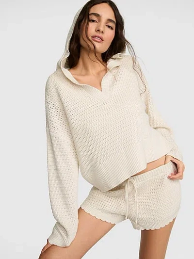 Pink Crochet V-neck Hoodie In White