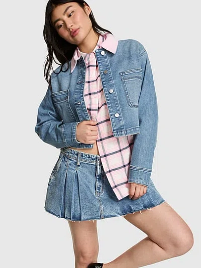 Pink Denim Cropped Jacket In Blue