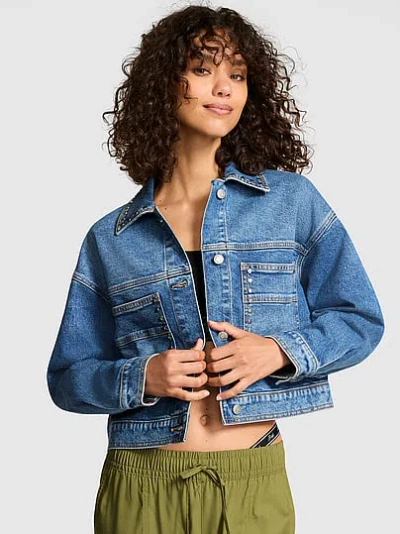 Pink Denim Cropped Trucker Jacket In Blue