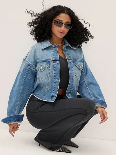 Pink Denim Frayed Cutoff Trucker Jacket In Blue