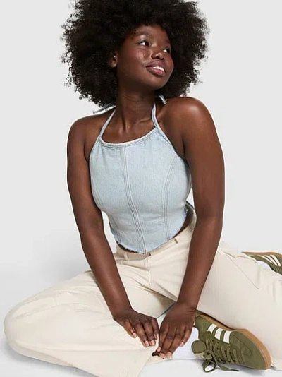 Pink Denim Handkerchief Halter Top In Blue