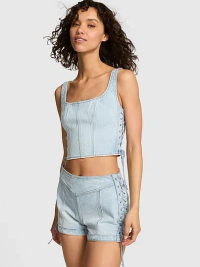 Pink Denim Side Lace-up Corset Top In Blue