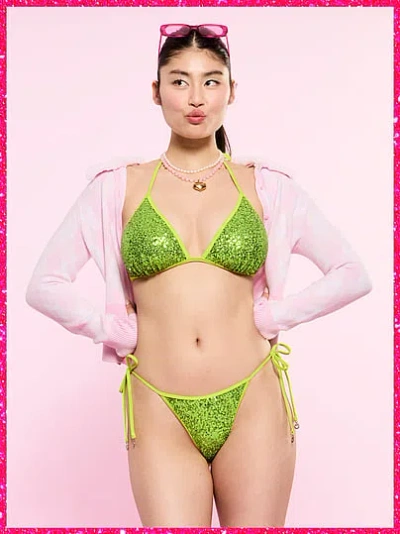 Pink | Elle Sequin Side-tie Cheeky Bikini Bottom In Green