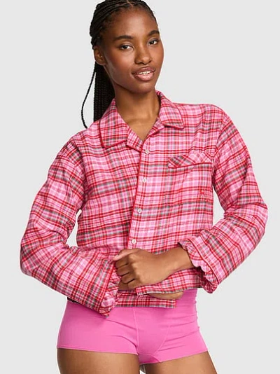 Pink Favorite Flannel Button-down Ruffle Sleepshirt In Print