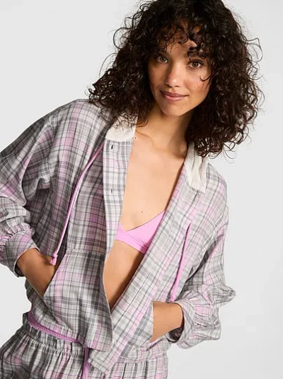 Pink Flannel Hooded Long- Sleeve Top In