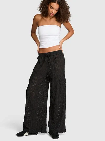 Pink Floral Crochet Cover-up Pants In Black