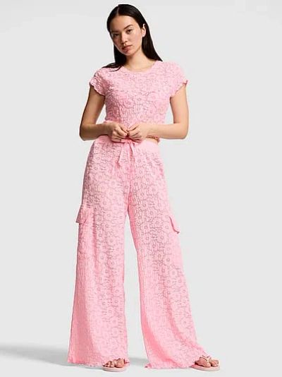 Pink Floral Crochet Cover-up Pants In