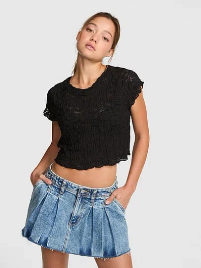 Pink Floral Crochet Cover-up Tee In Black