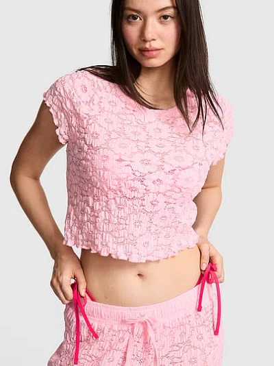 Pink Floral Crochet Cover-up Tee In