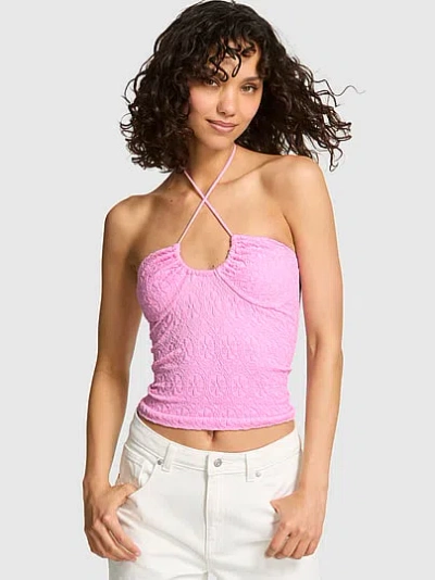 Pink Floral Jacquard Halter Top In