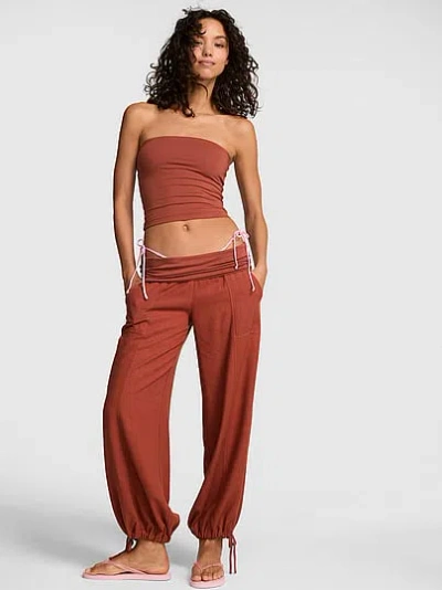 Pink Foldover Linen Jogger Pants In Brown