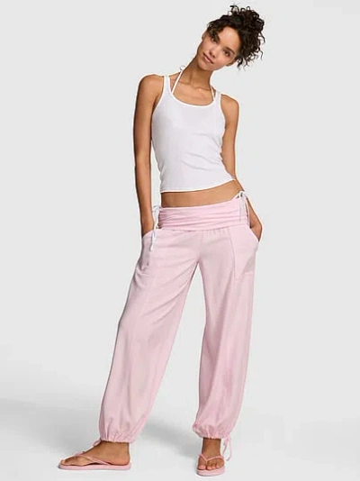 Pink Foldover Linen Jogger Pants In